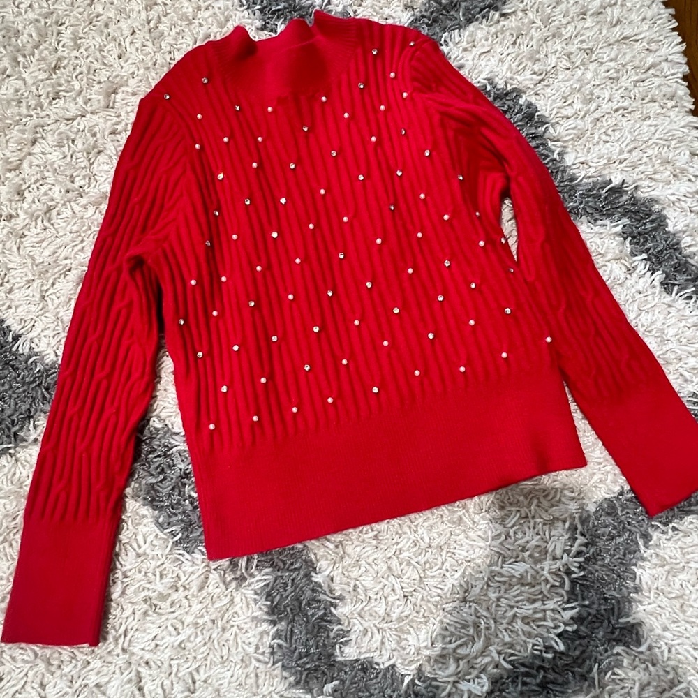 Nanette Lepore Women’s Red Embellished Rib-Knit Sweater